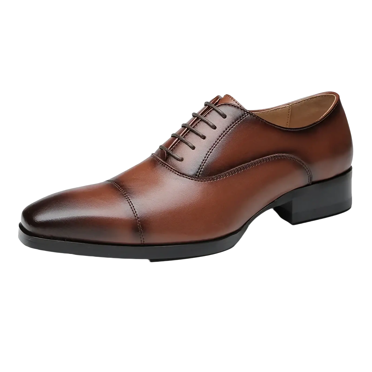 Men leather oxford dress shoe in brown polished leather with black rubber sole for formal business footwear