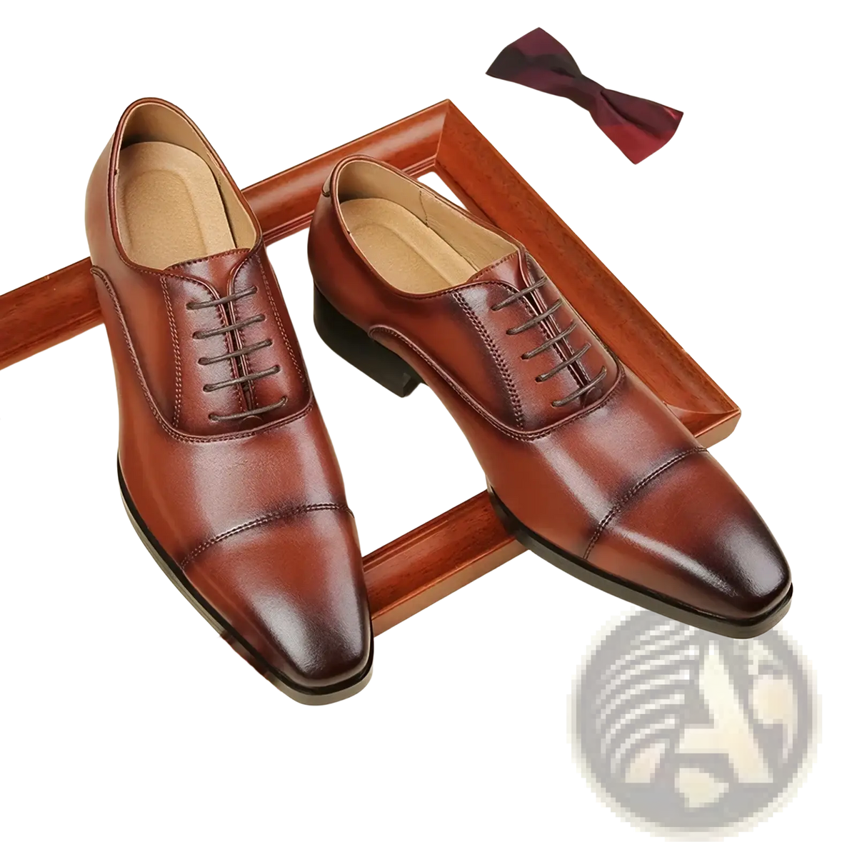 Men leather oxford dress shoes with brown polished leather and black laces for formal business footwear