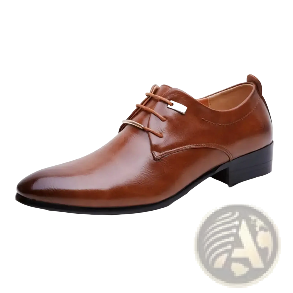 Men leather Oxford formal dress shoe in brown polished leather with black sole and huajuaner design