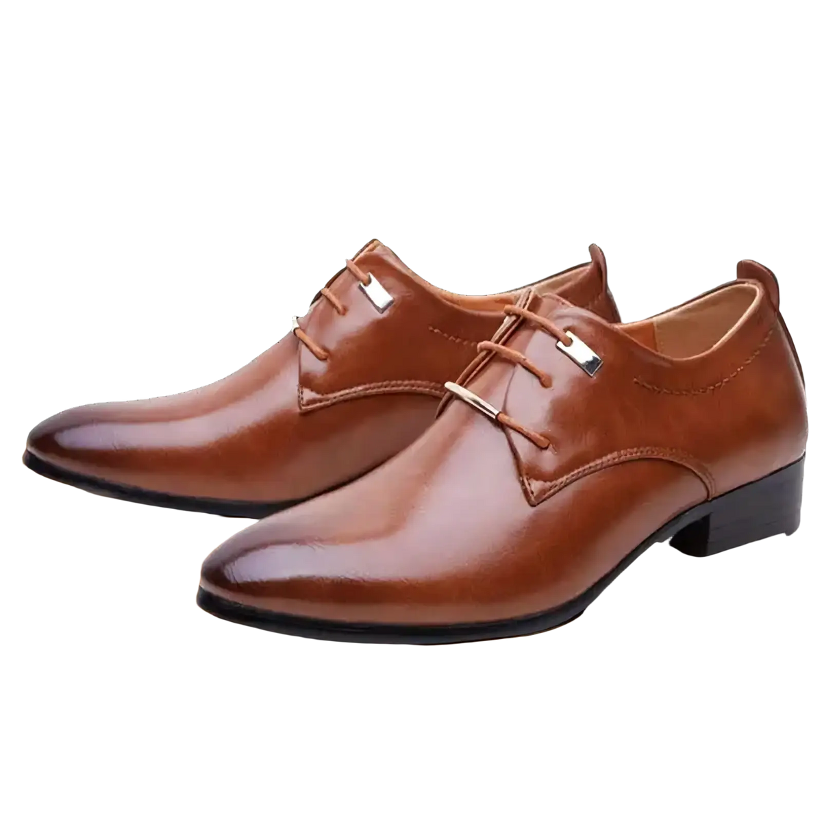 Men leather oxford formal dress shoes in brown leather with pointed toes and silver-toned metal eyelets
