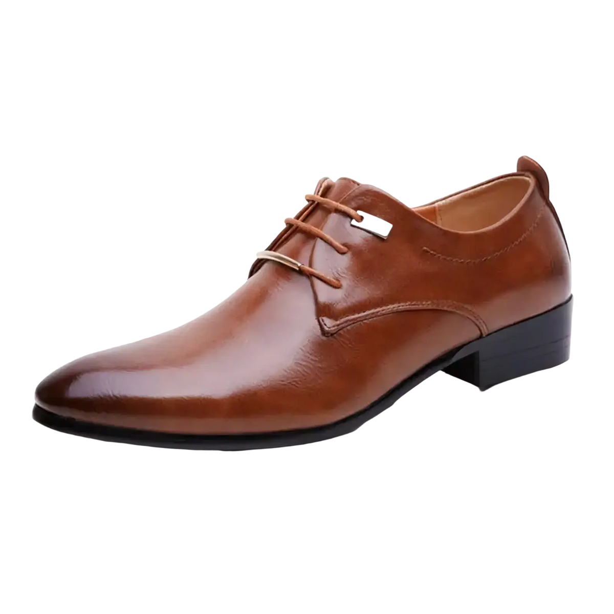 Men leather Oxford formal dress shoe in brown leather with a pointed toe and black sole