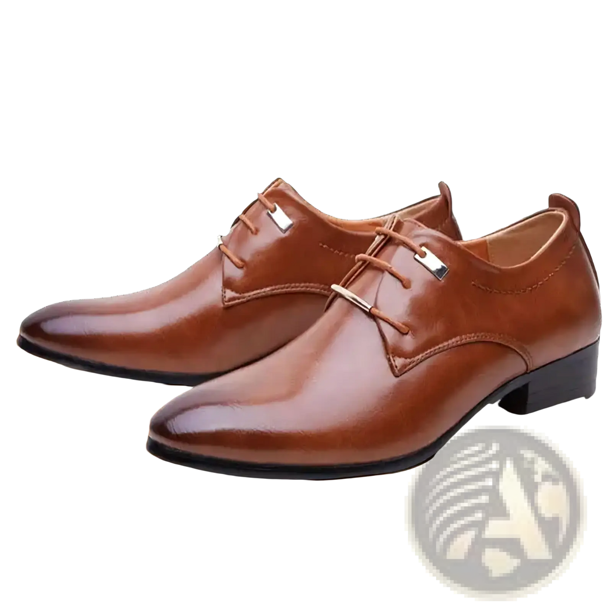 Men leather oxford formal dress shoes in brown leather with pointed toes and silver-toned metal eyelets