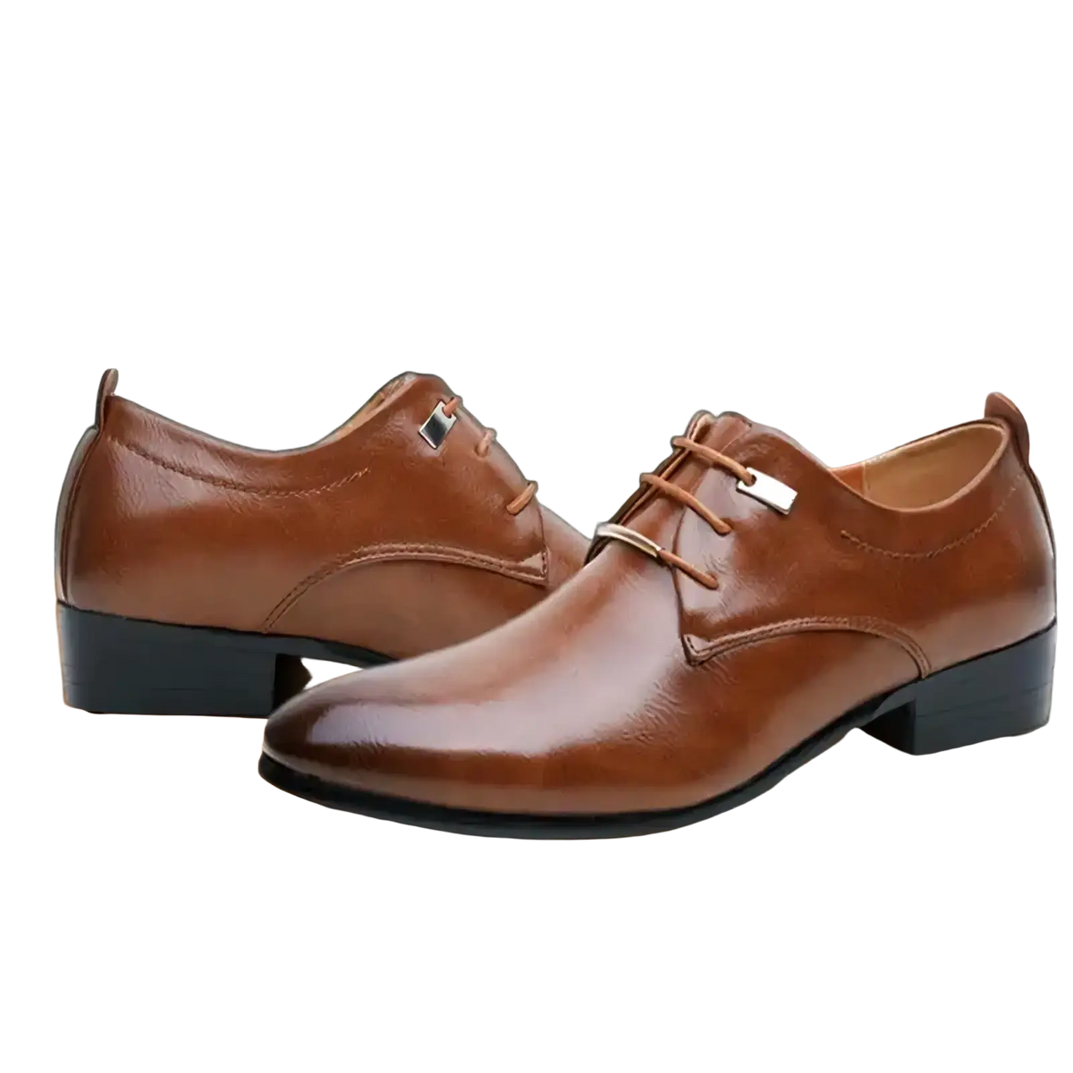 Men leather oxford formal dress shoes in brown leather with silver metal eyelets and low block heel