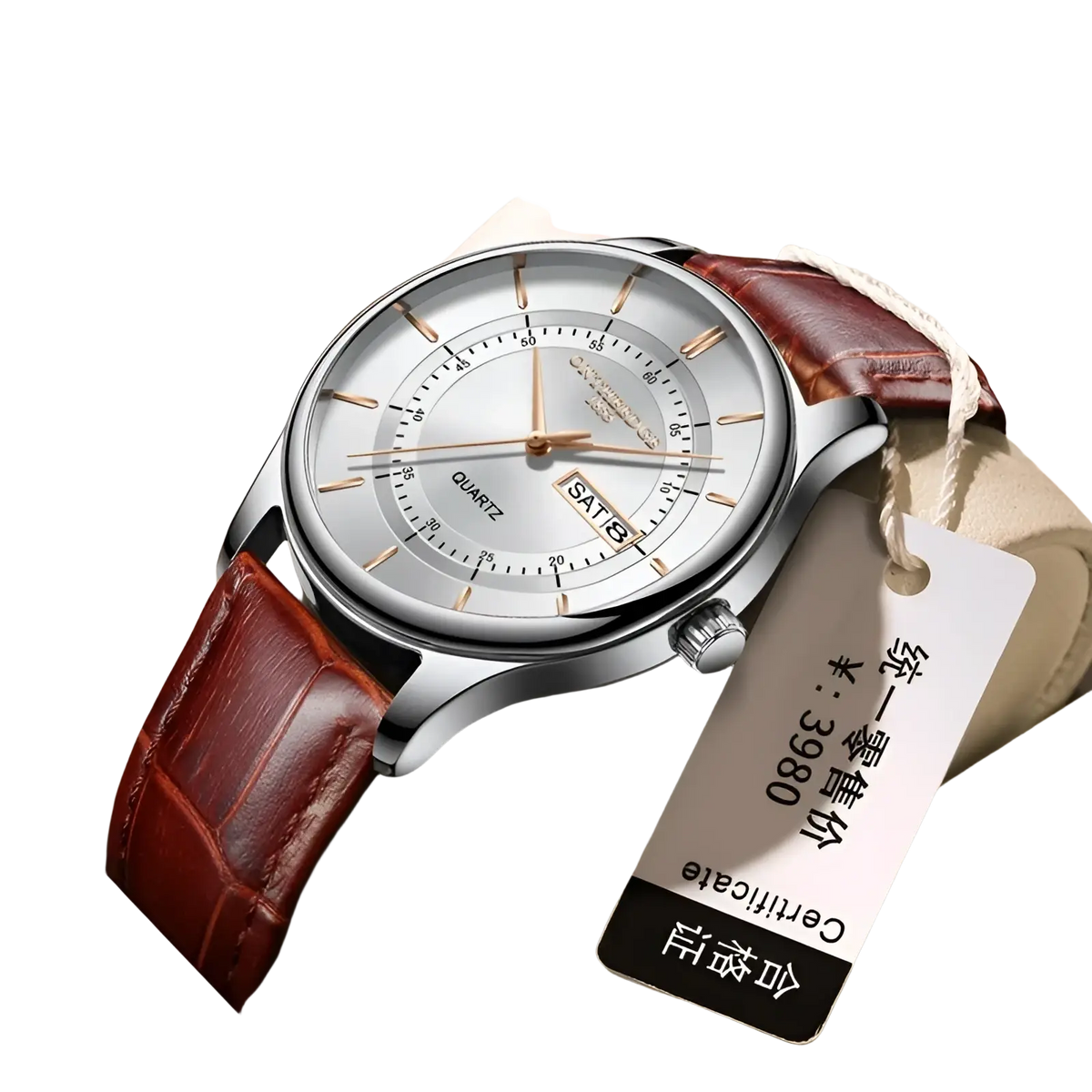 Men leather quartz watch with silver-toned case white dial gold-tone hands and markers brown alligator leather strap