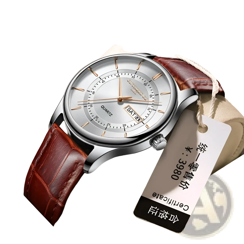 Men leather quartz watch with silver-toned case white dial gold-tone hands and markers brown alligator leather strap