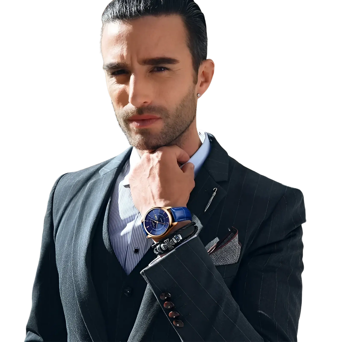 A men leather quartz watch with a blue leather strap rose gold case and dark dial worn on the wrist