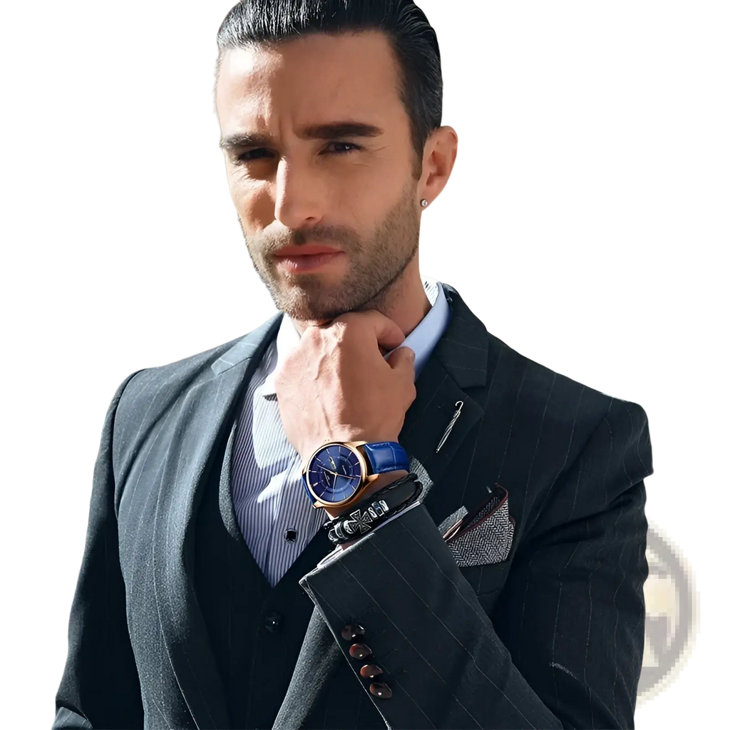 A men leather quartz watch with a blue leather strap rose gold case and dark dial worn on the wrist
