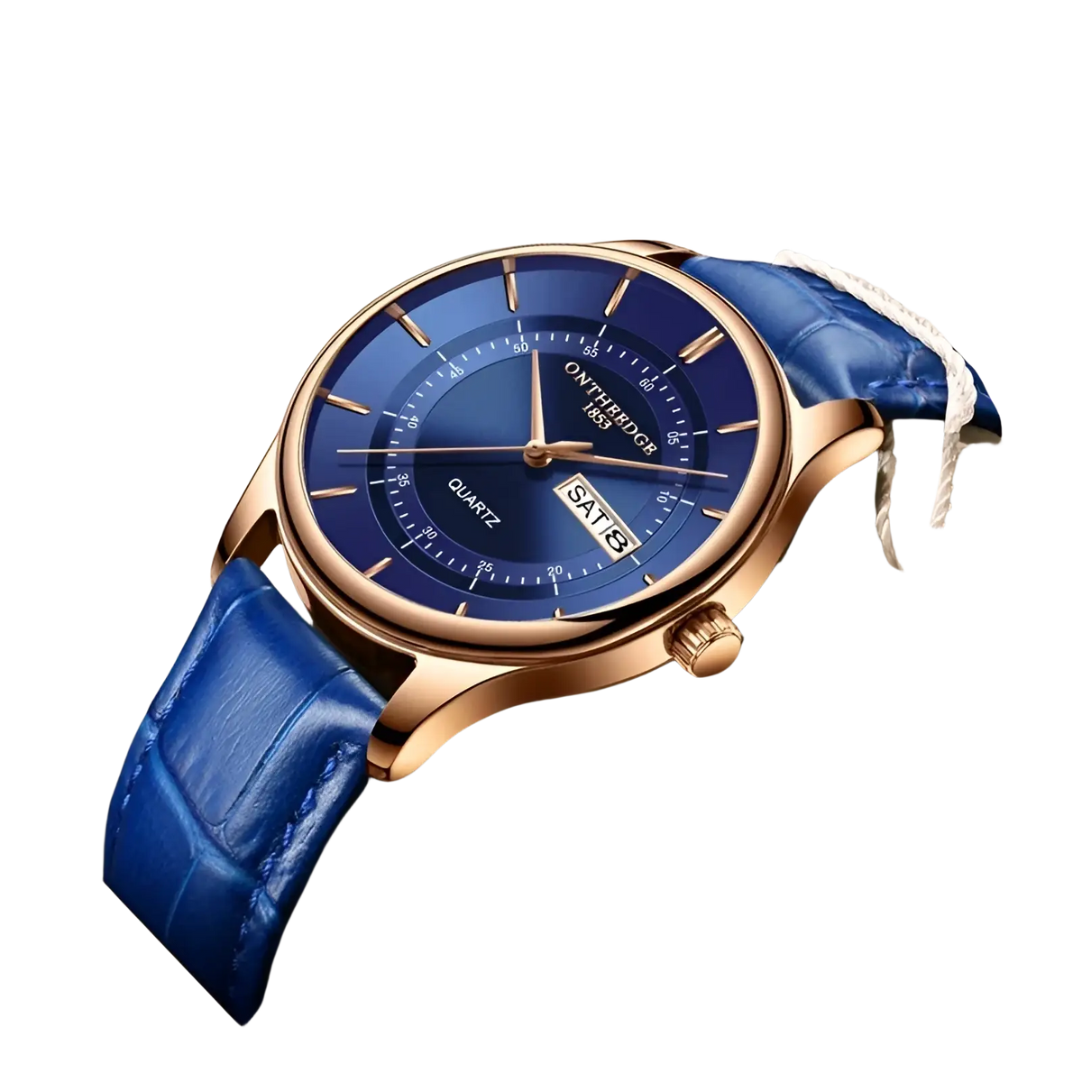 A men leather quartz watch with rose gold tone, blue dial, crocodile leather strap, date display, and onthbridge branding