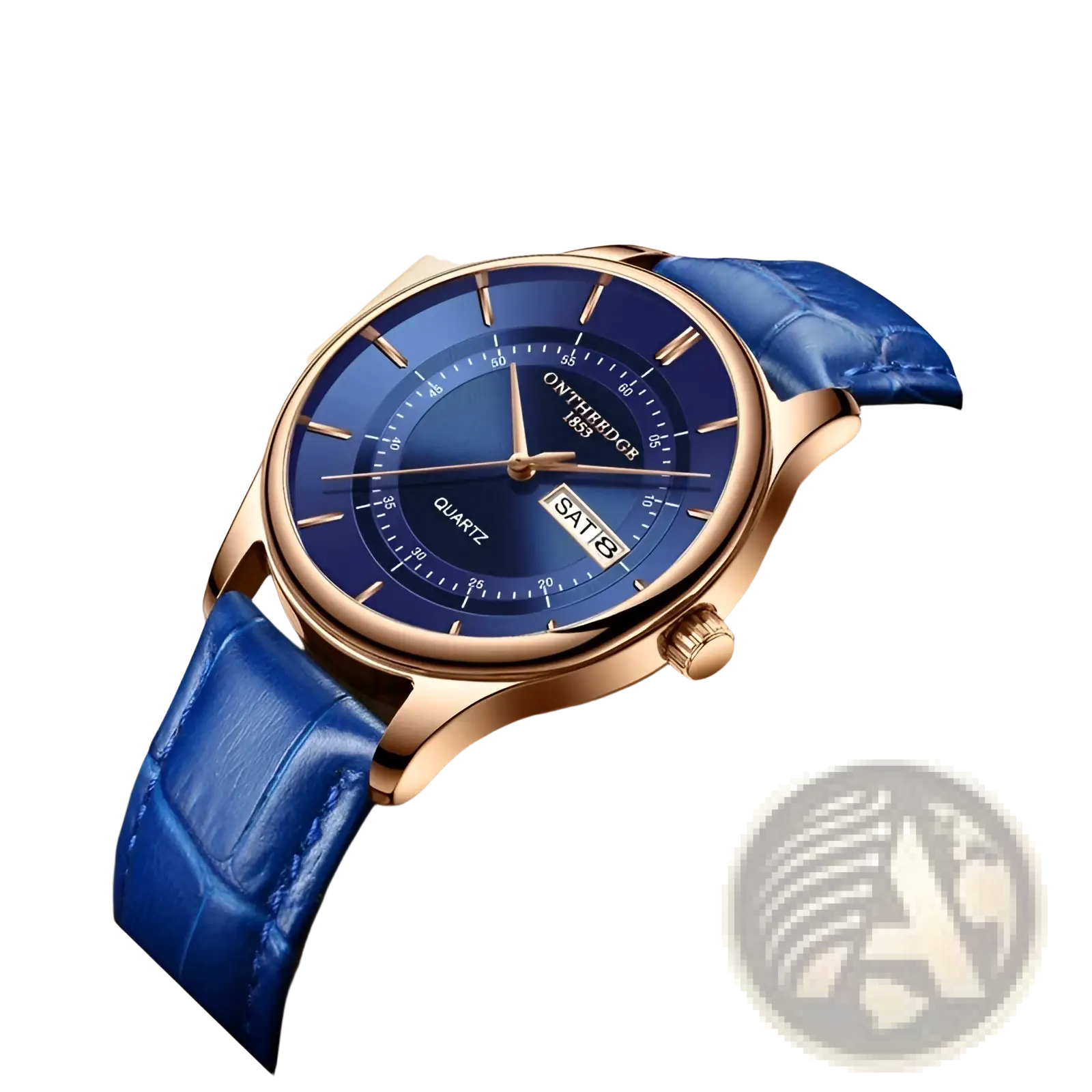Men leather quartz watch blue rose gold sport with OnTheRidge 1853 deep blue dial and royal blue crocodile leather strap