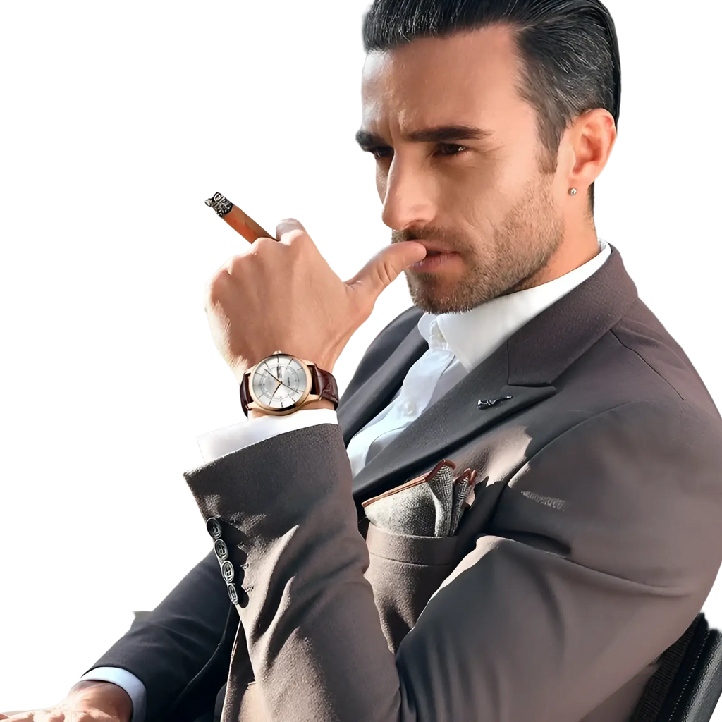A men leather quartz watch blue rose gold sport with a silver dial and brown leather strap on the left wrist