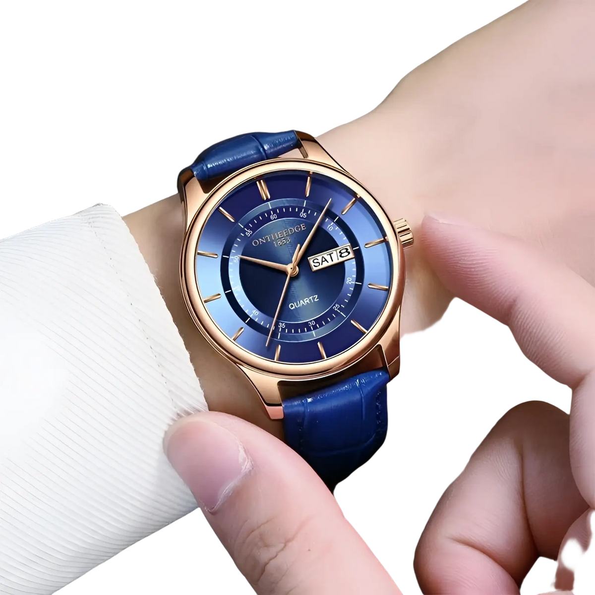 Men leather quartz watch with rose gold tone, gradient blue dial, and blue leather strap by onthedge 1853