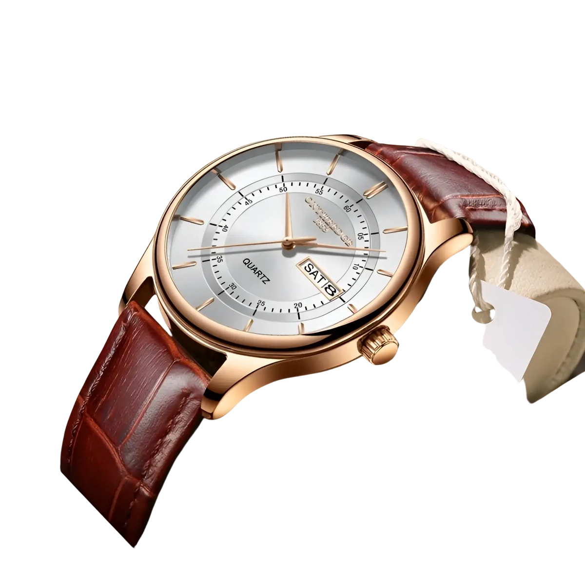 Men leather quartz watch blue rose gold with silver dial brown alligator leather strap and date window displaying sat 19
