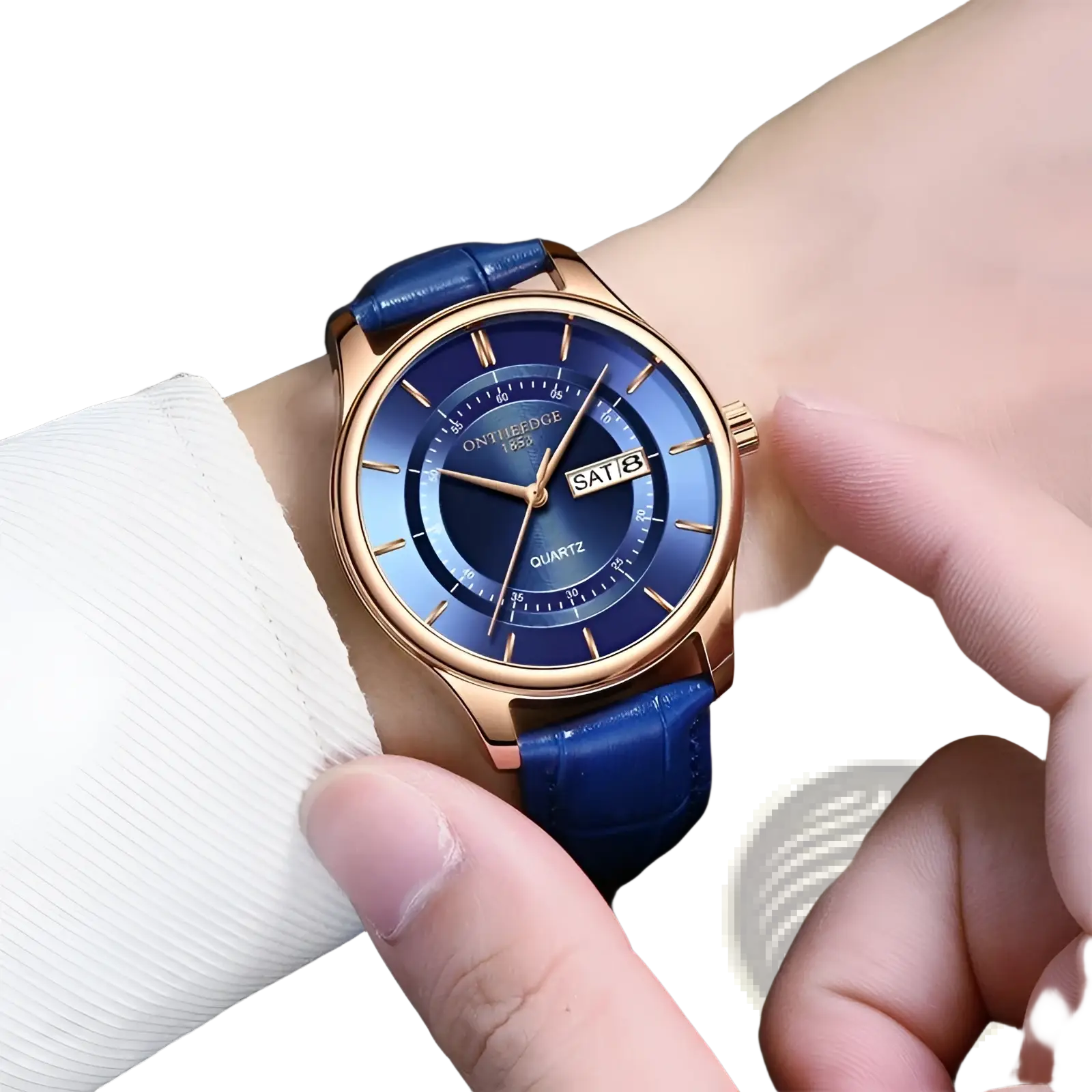 Men leather quartz watch with rose gold tone, gradient blue dial, and blue leather strap by onthedge 1853
