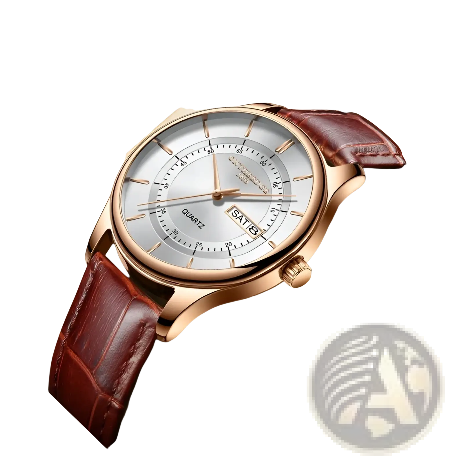 Men leather quartz watch with rose gold tone, silver dial, brown alligator strap, and date display for sport use