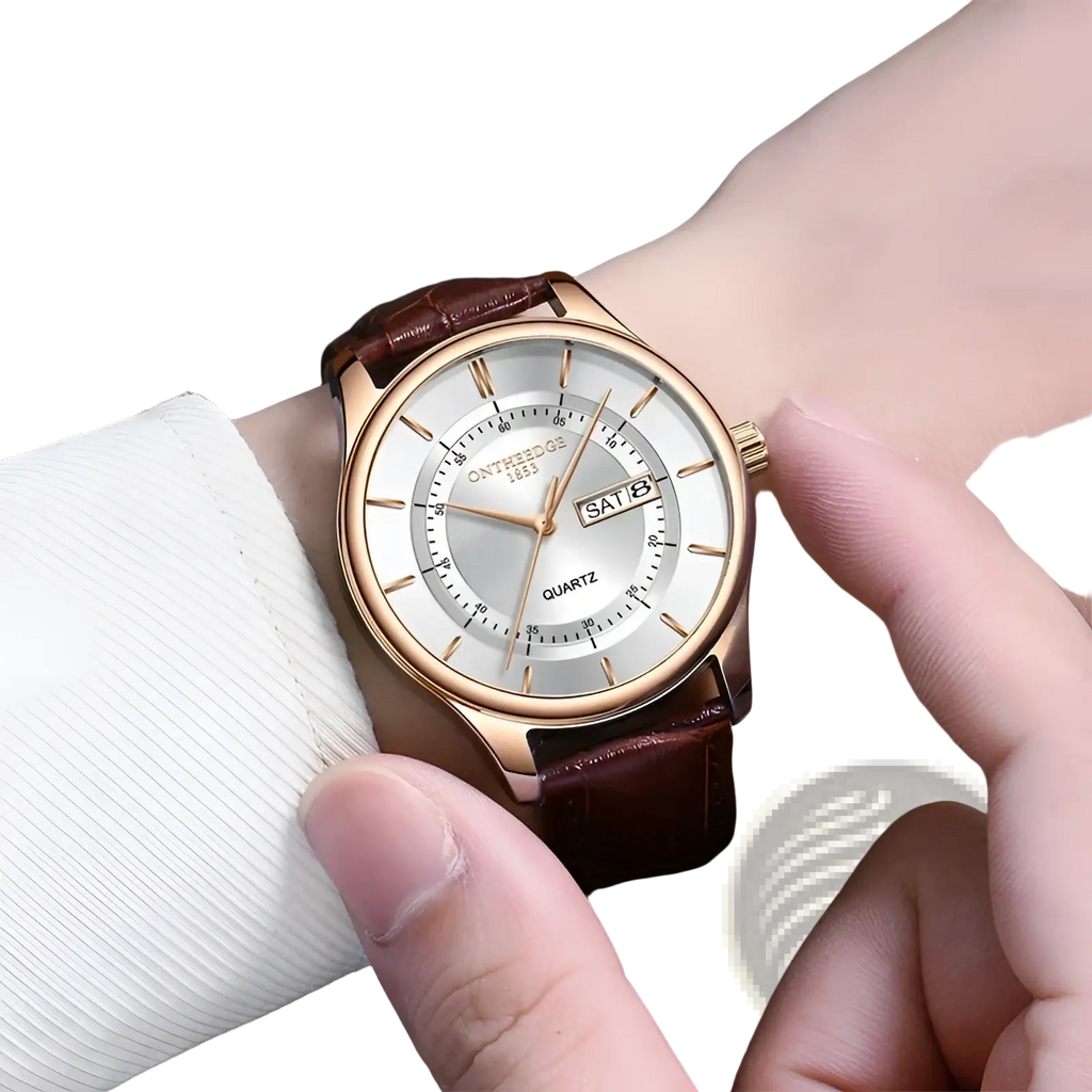 Men leather quartz watch blue rose gold sport with a silver dial, brown leather strap, and date display from ontherdges 1935