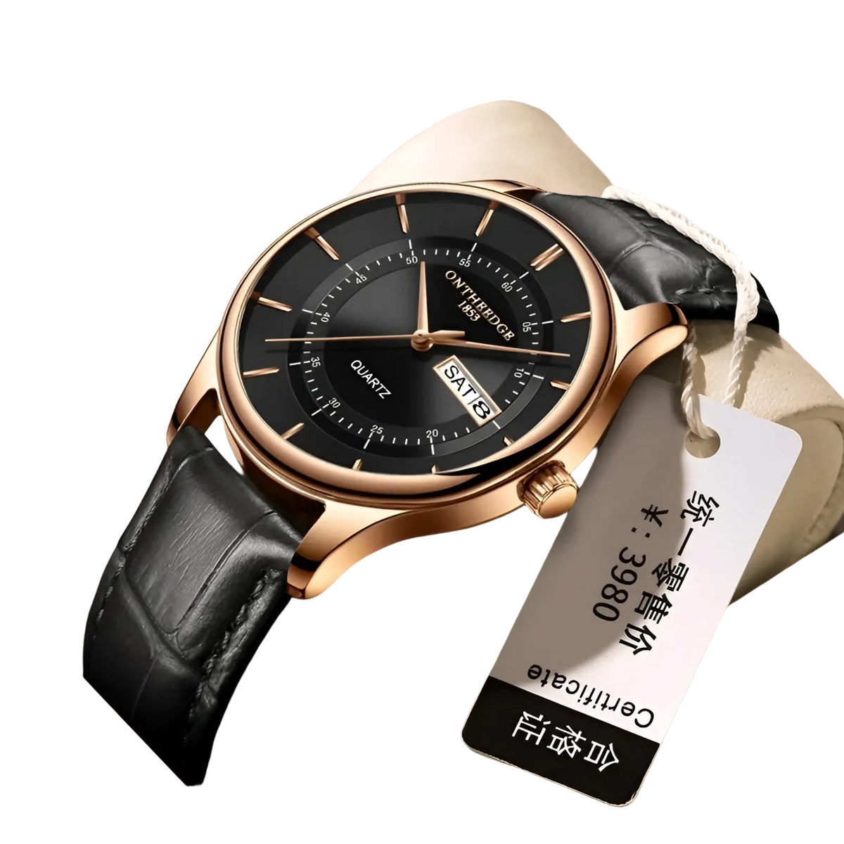 Men leather quartz watch blue rose gold sport with rose gold-toned ontheridge 1863 case, black dial, and textured leather strap