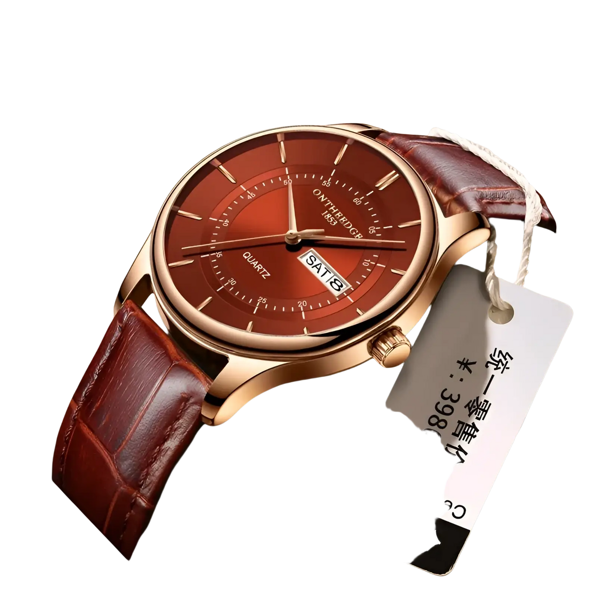 Men leather quartz watch blue rose gold sport with rose gold-toned case, red dial, silver hands, brown leather strap, and date display