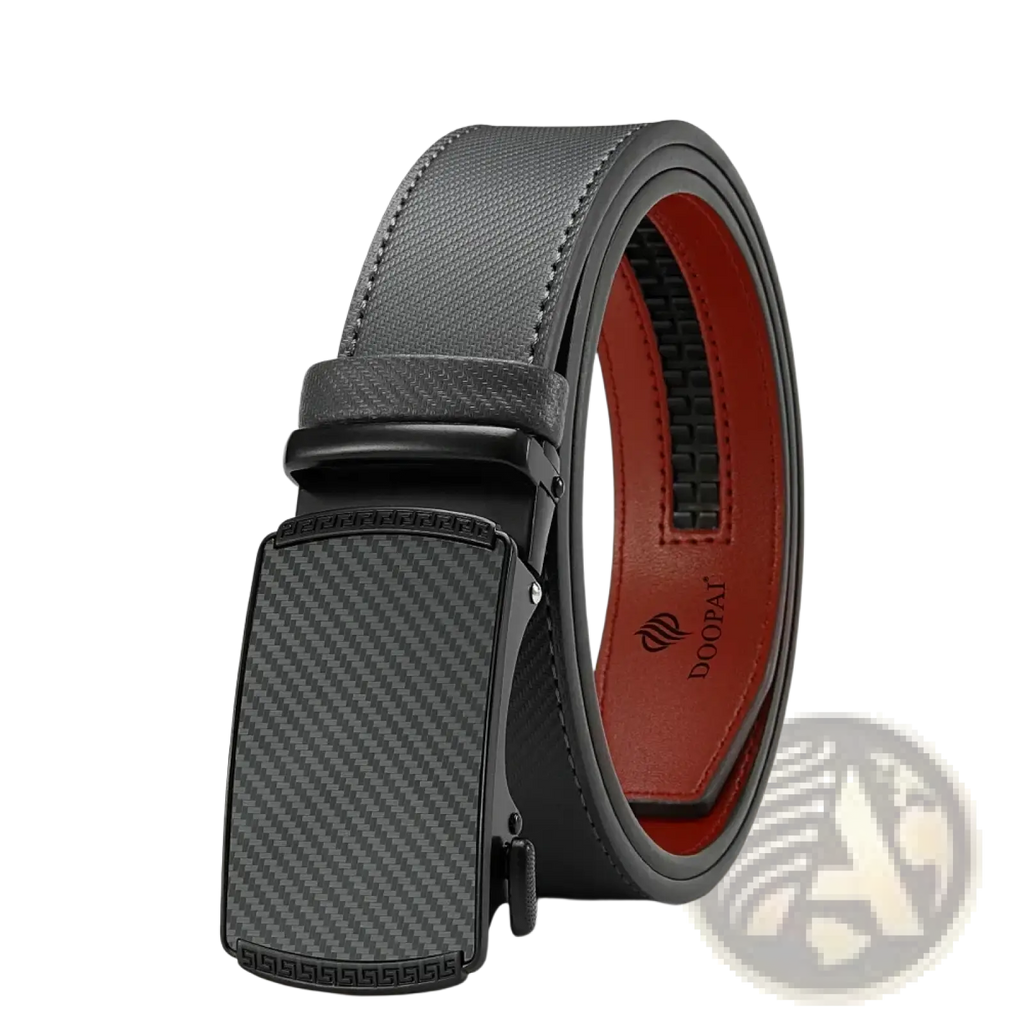 Men leather ratchet belt with a black carbon fiber automatic buckle, gray textured leather strap, and red inner lining
