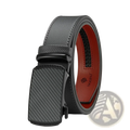 Men leather ratchet belt with a black carbon fiber automatic buckle, gray textured leather strap, and red inner lining