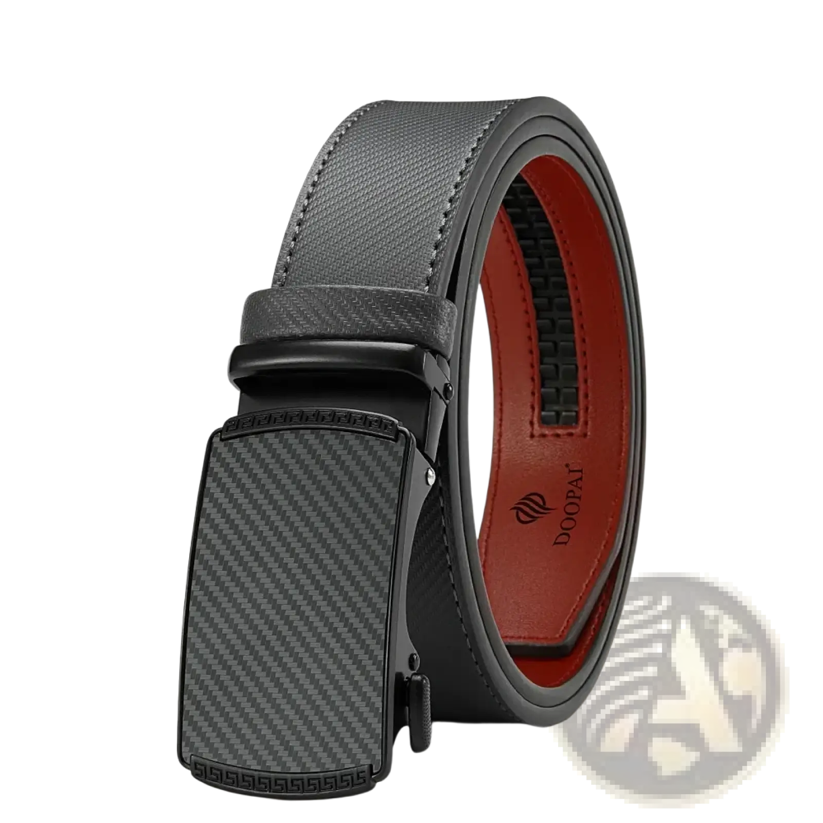 Men leather ratchet belt with a black carbon fiber automatic buckle, gray textured leather strap, and red inner lining