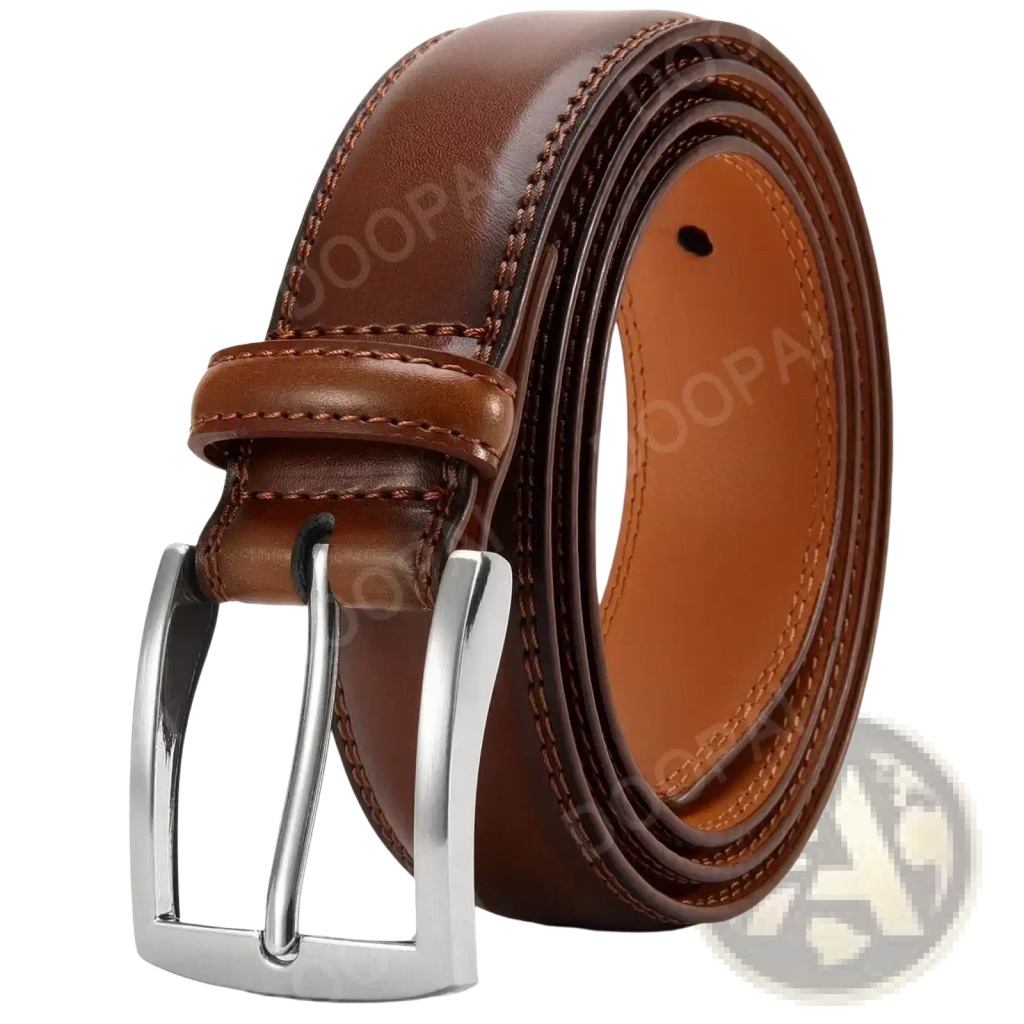 Brown leather men ratchet belt with silver-toned automatic buckle showing front side details