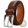 Brown leather men ratchet belt with silver-toned automatic buckle showing front side details