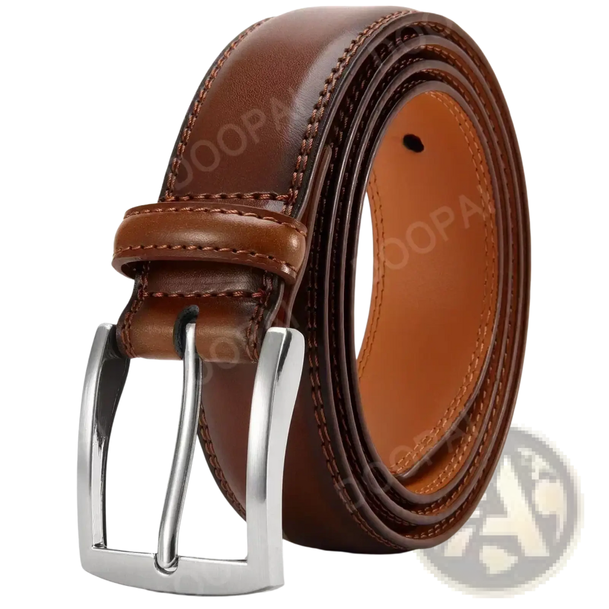 Brown leather men ratchet belt with silver-toned automatic buckle showing front side details