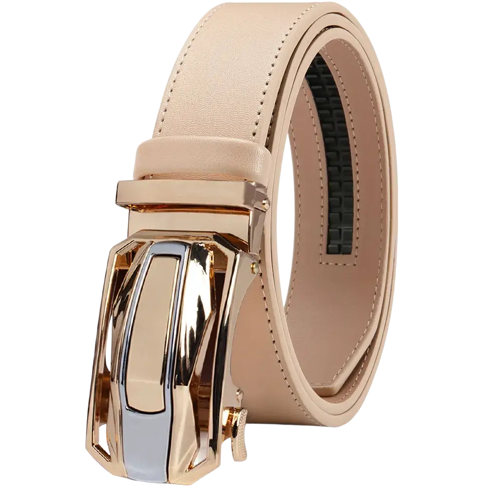 Beige men leather ratchet belt with a gold tone automatic buckle featuring a sleek geometric design
