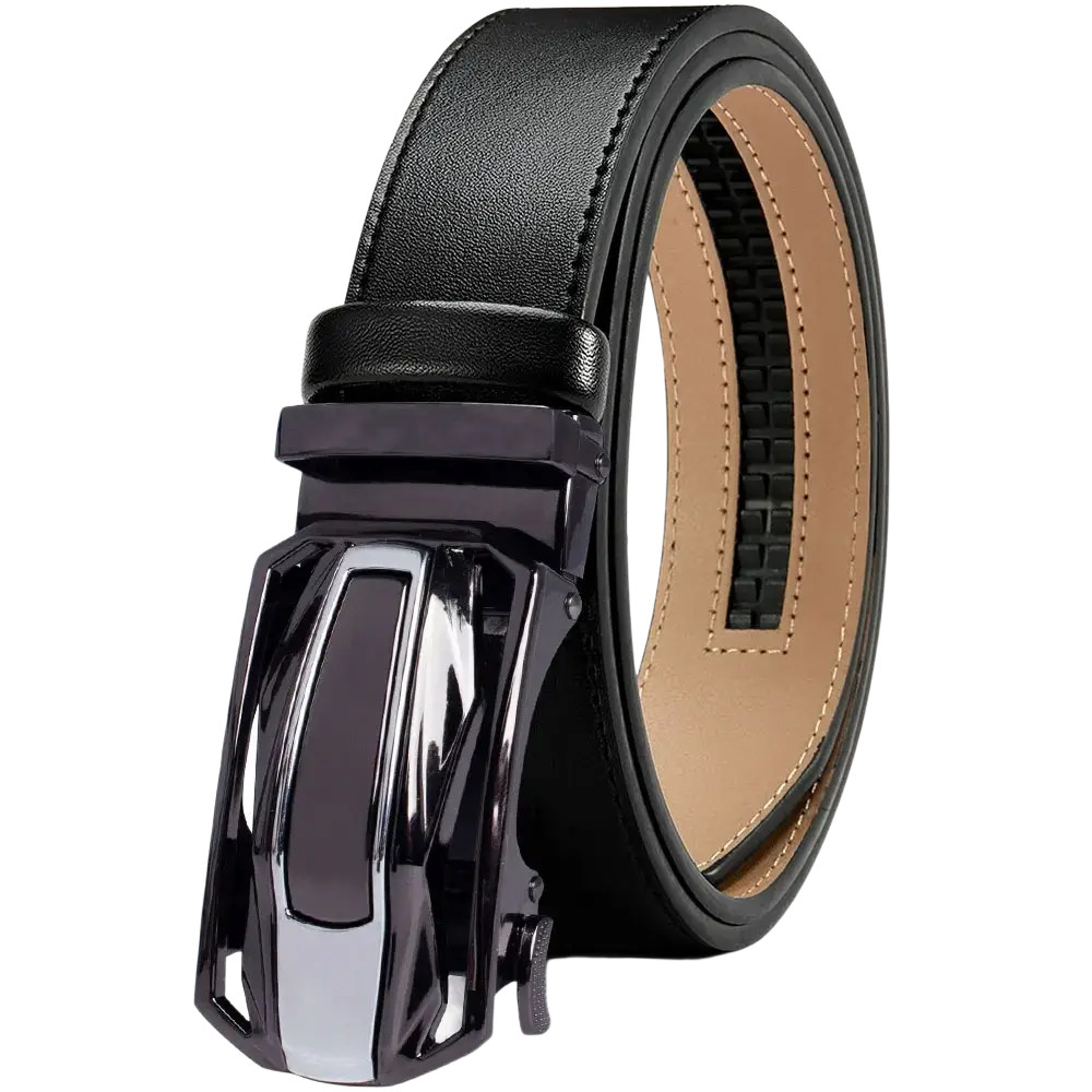 Men leather ratchet belt with sleek glossy black automatic buckle made of black leather for formal wear