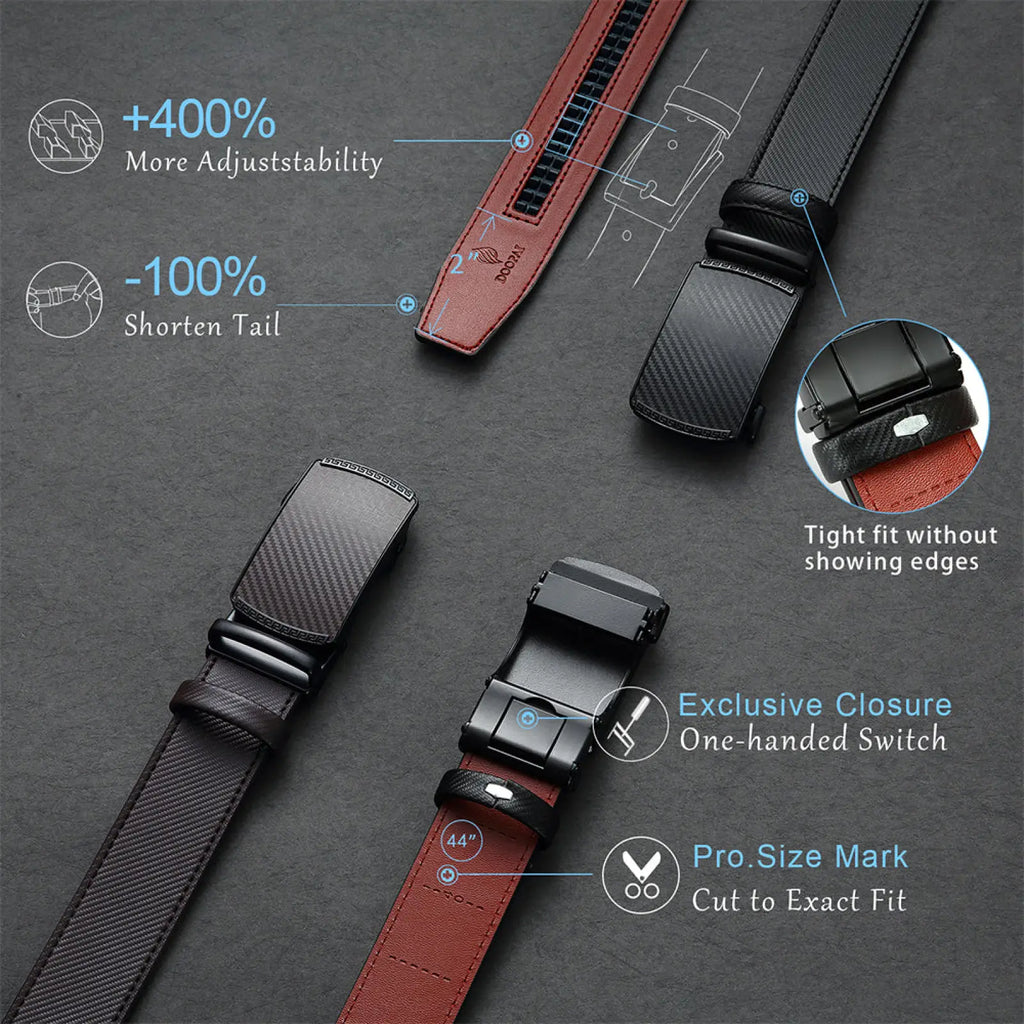 Men leather ratchet belts in black and brown with carbon fiber patterned automatic buckles for easy adjustment
