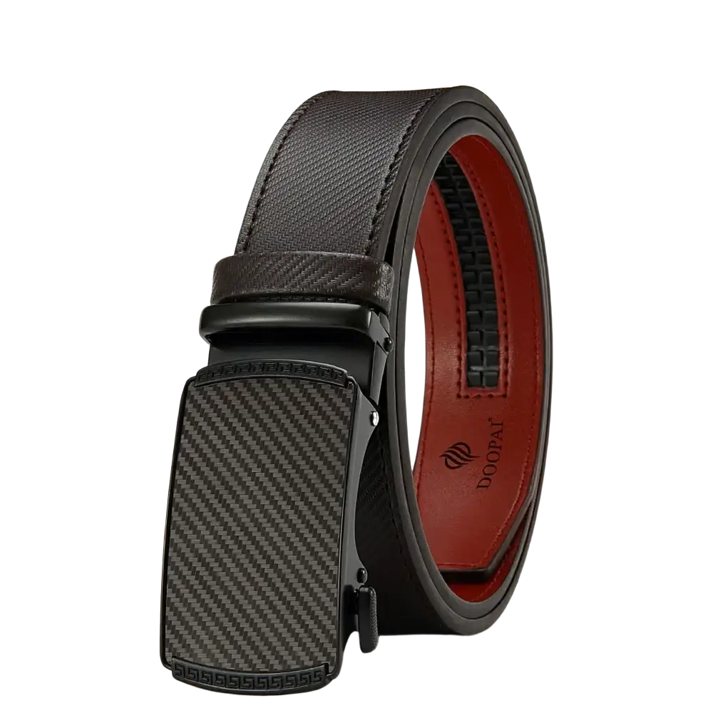 Men leather ratchet belt with black carbon fiber automatic buckle and textured leather strap with red inner lining