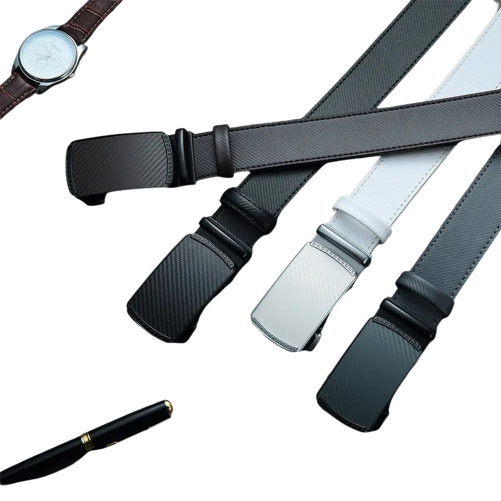 Men leather ratchet belt with black carbon fiber texture and sleek automatic buckle for a refined look