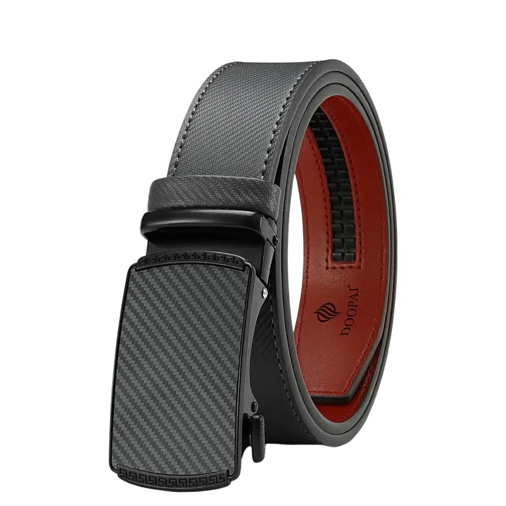 Men leather ratchet belt with a black carbon fiber automatic buckle, gray textured leather strap, and red inner lining