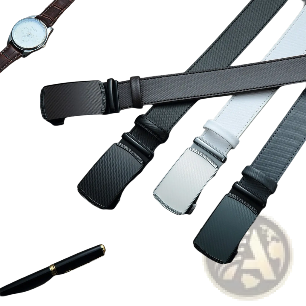 Men leather ratchet belt with black carbon fiber texture and sleek automatic buckle for a refined look