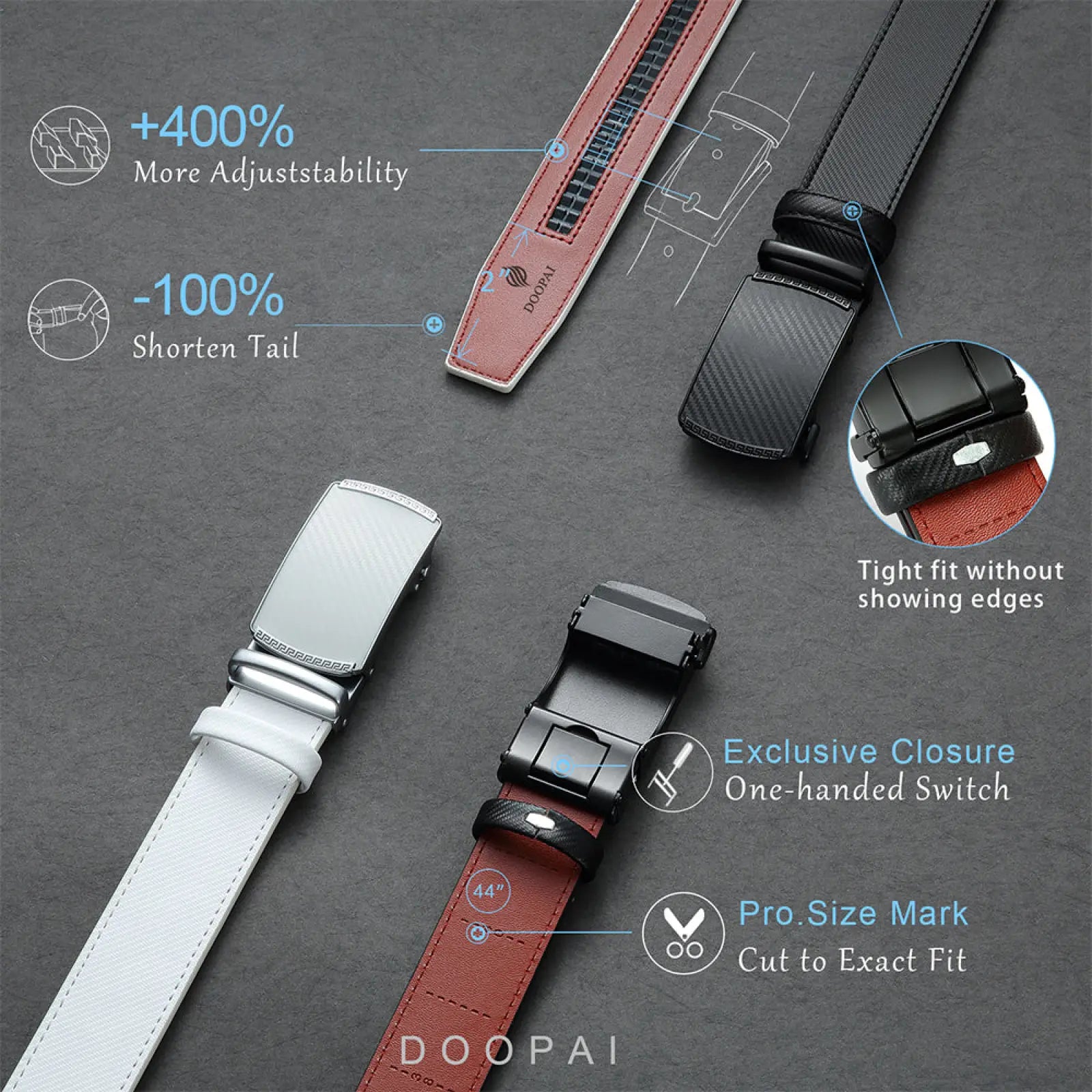 Ceinture à cliquet en cuir pour homme avec boucle automatique texturée en fibre de carbone noire, au design moderne et épuré.