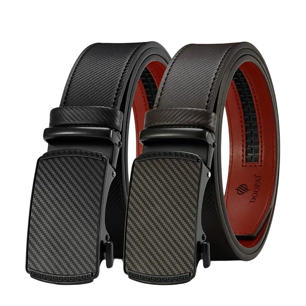 Men leather ratchet belt with black strap, carbon fiber patterned automatic buckle, and red interior lining