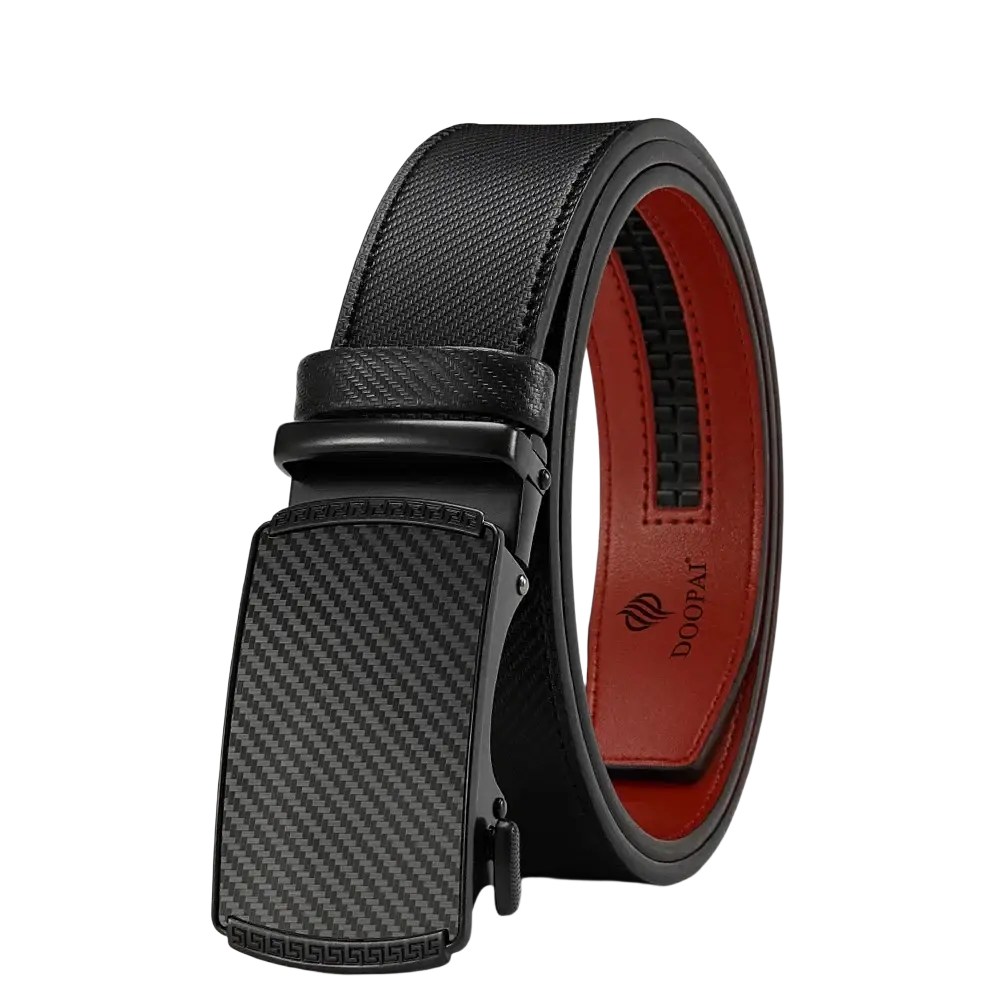 Men leather ratchet belt in black with a carbon fiber-patterned automatic buckle and red interior lining
