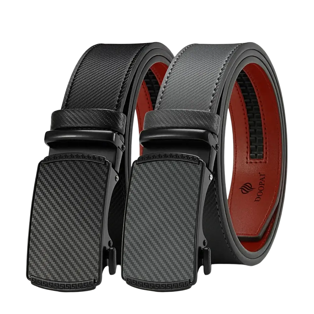 Black doopai men leather ratchet belt with automatic carbon fiber-patterned buckle and red interior lining