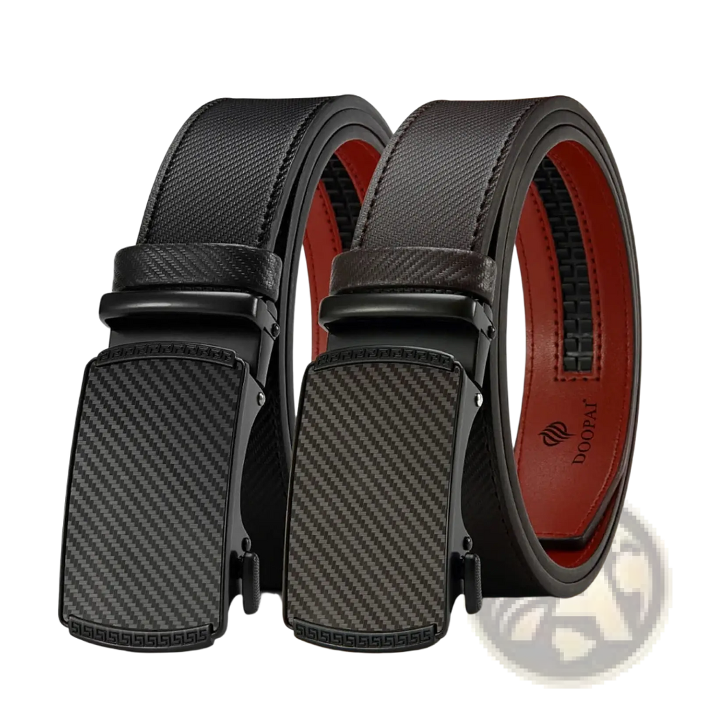 Men leather ratchet belt with black strap, carbon fiber patterned automatic buckle, and red interior lining