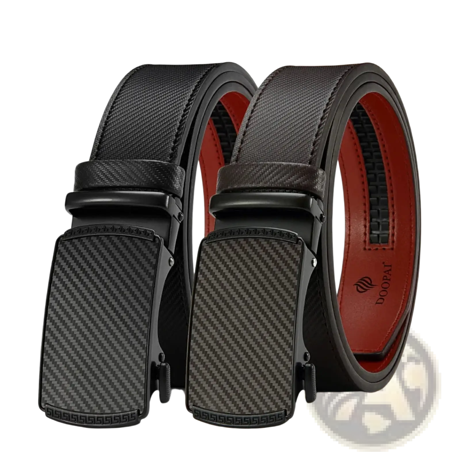 Men leather ratchet belt with black strap, carbon fiber patterned automatic buckle, and red interior lining