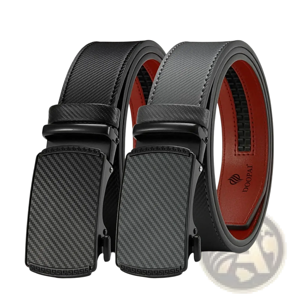 Black doopai men leather ratchet belt with automatic carbon fiber-patterned buckle and red interior lining