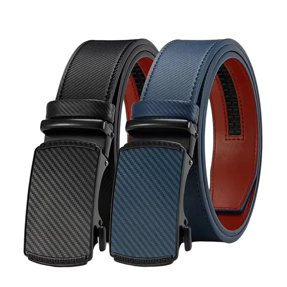 Men leather ratchet belt automatic buckle in black and navy blue carbon fiber pattern with contrasting red lining