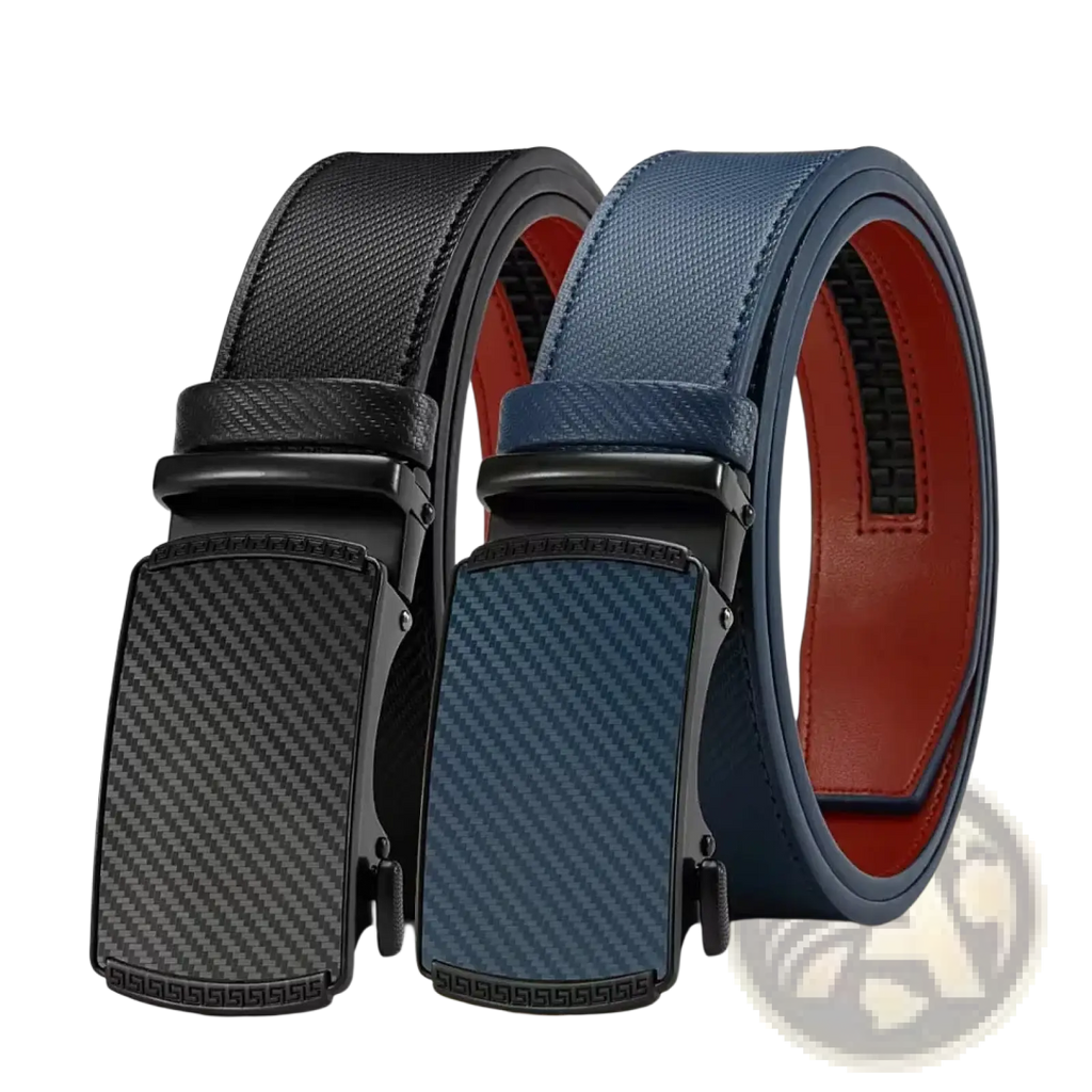 Men leather ratchet belt automatic buckle in black and navy blue carbon fiber pattern with contrasting red lining