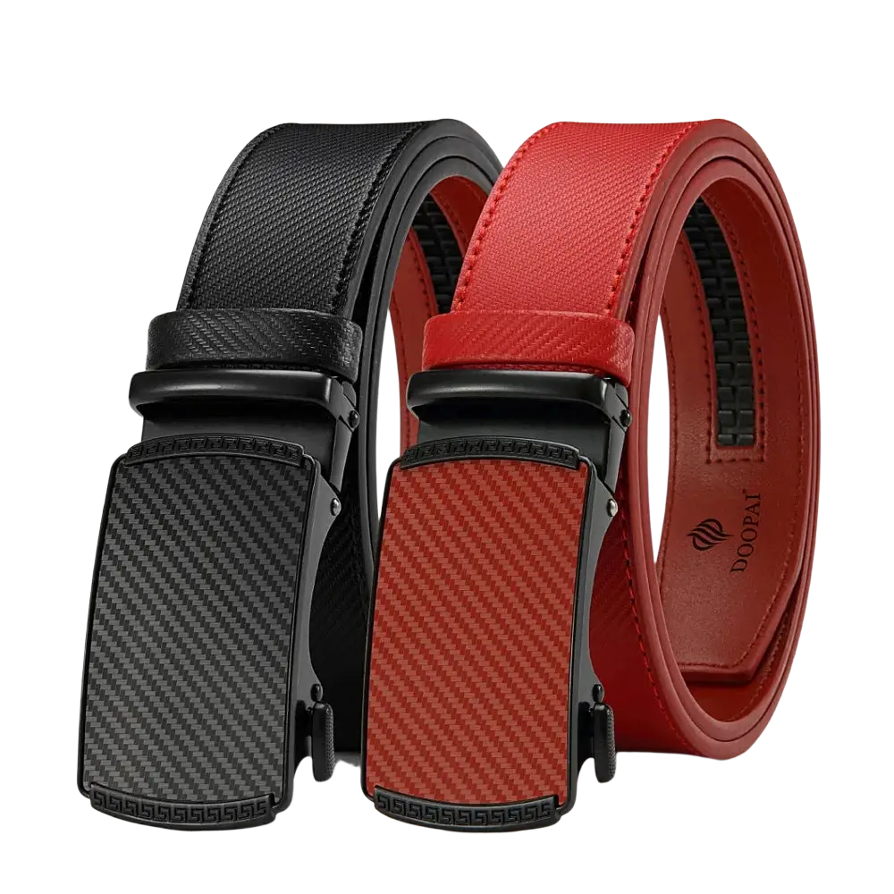 Men leather ratchet belts in black and red with automatic carbon fiber pattern buckles displayed side by side