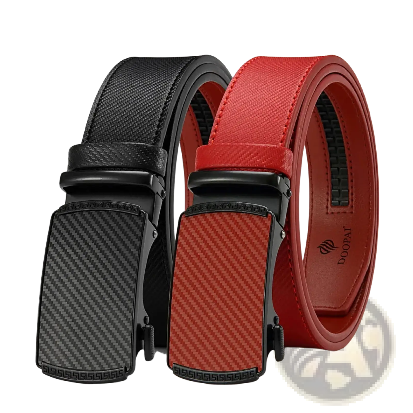 Boucle automatique de ceinture à cliquet en cuir pour homme, avec motifs fibre de carbone noire et rouge, boucles automatiques de ceinture, et cadres métalliques noirs.