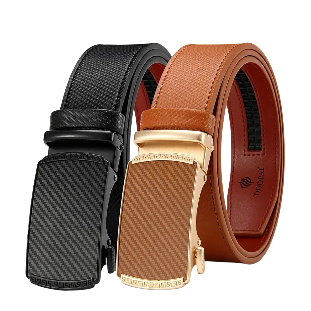 Men leather ratchet belt with automatic buckle in black and tan carbon fiber pattern from doopai