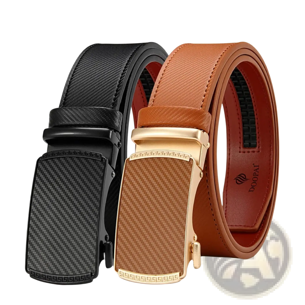 Men leather ratchet belt with automatic buckle in black and tan carbon fiber pattern from doopai