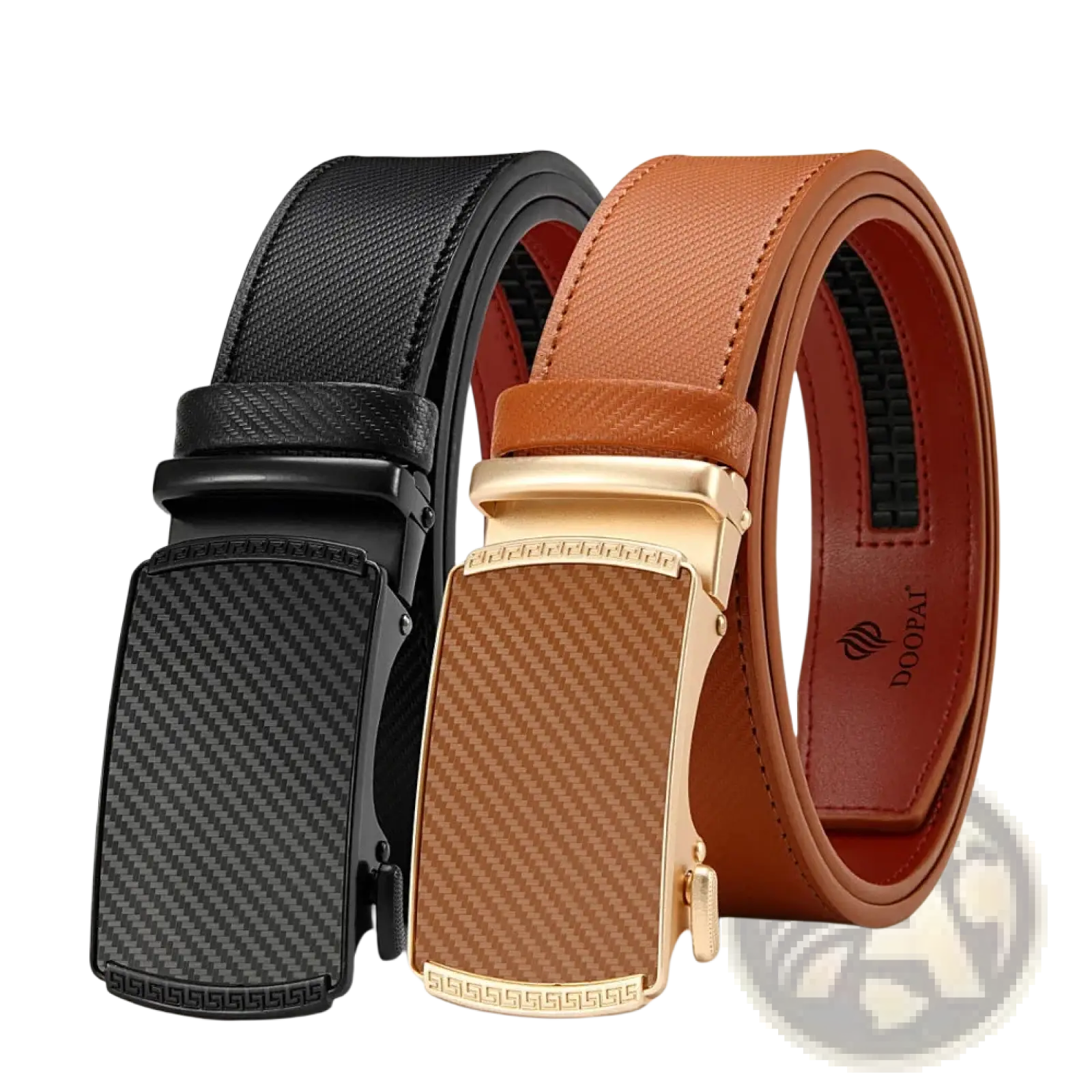 Men leather ratchet belt with automatic buckle in black and tan carbon fiber pattern from doopai