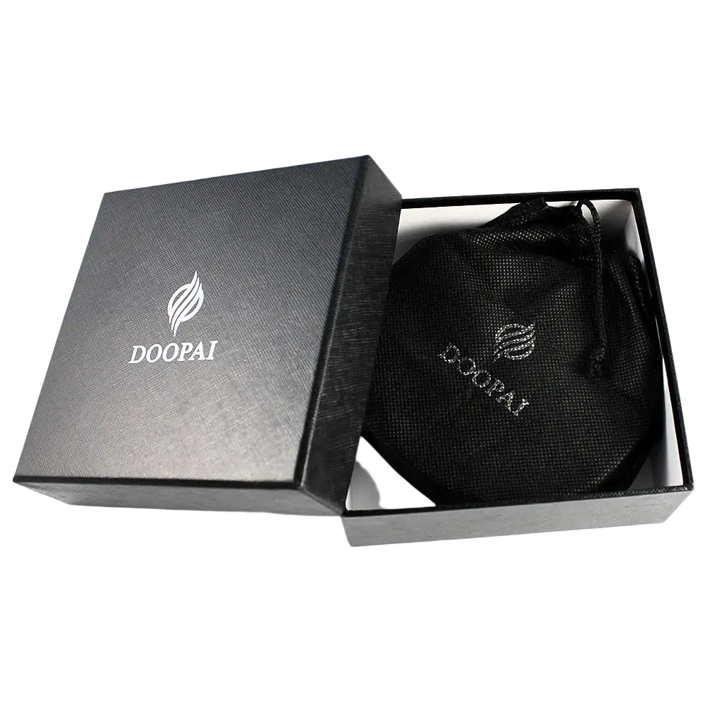 Black textured drawstring pouch with silver Doopai logo embroidered for men leather ratchet belt automatic buckle