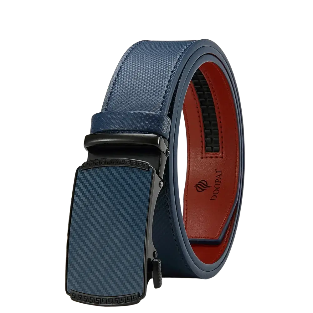 Men leather ratchet belt in blue with carbon fiber pattern automatic buckle and contrasting red inner lining